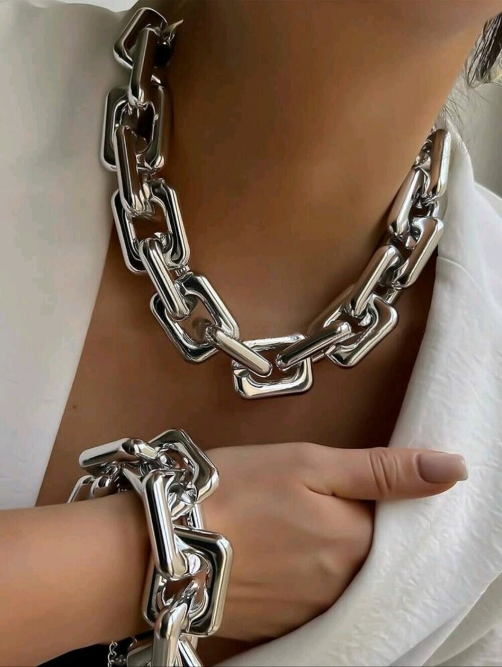 Silver Chunky Link Necklace and Bracelet Set